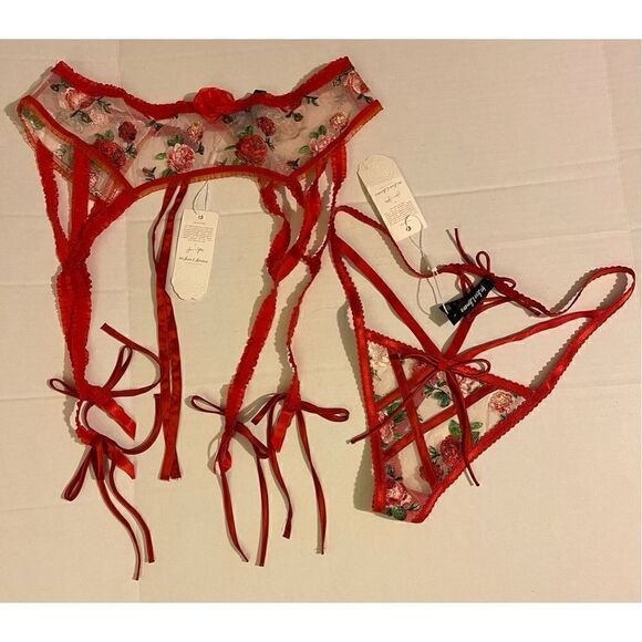 Victoria’s Secret For Love & Lemons Roses Lace Lattice GARTER BELT & Thongs NWT - Picture 11 of 14